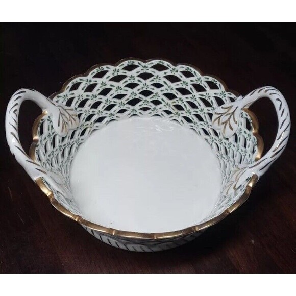 Andrea by Sadek Porcelain Basket Bowl Green & Gold Accents - Picture 1 of 11